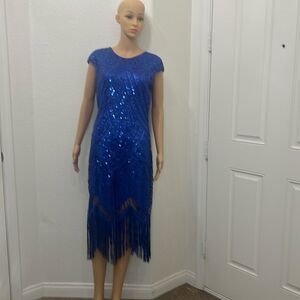 Fundaisey Womans Blue Sequine Dress Scoop Neck Short Sleeve Fringe Zipper Lined